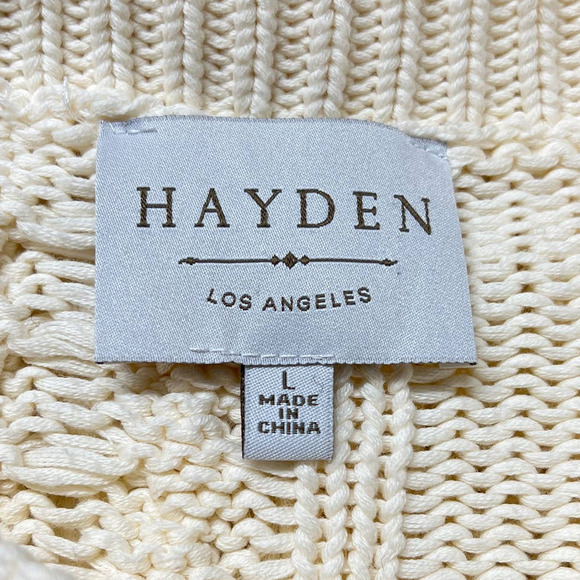 Hayden Los Angeles Cream Cable Knit Frayed Trim Pullover Sweater Size Large - Picture 8 of 10